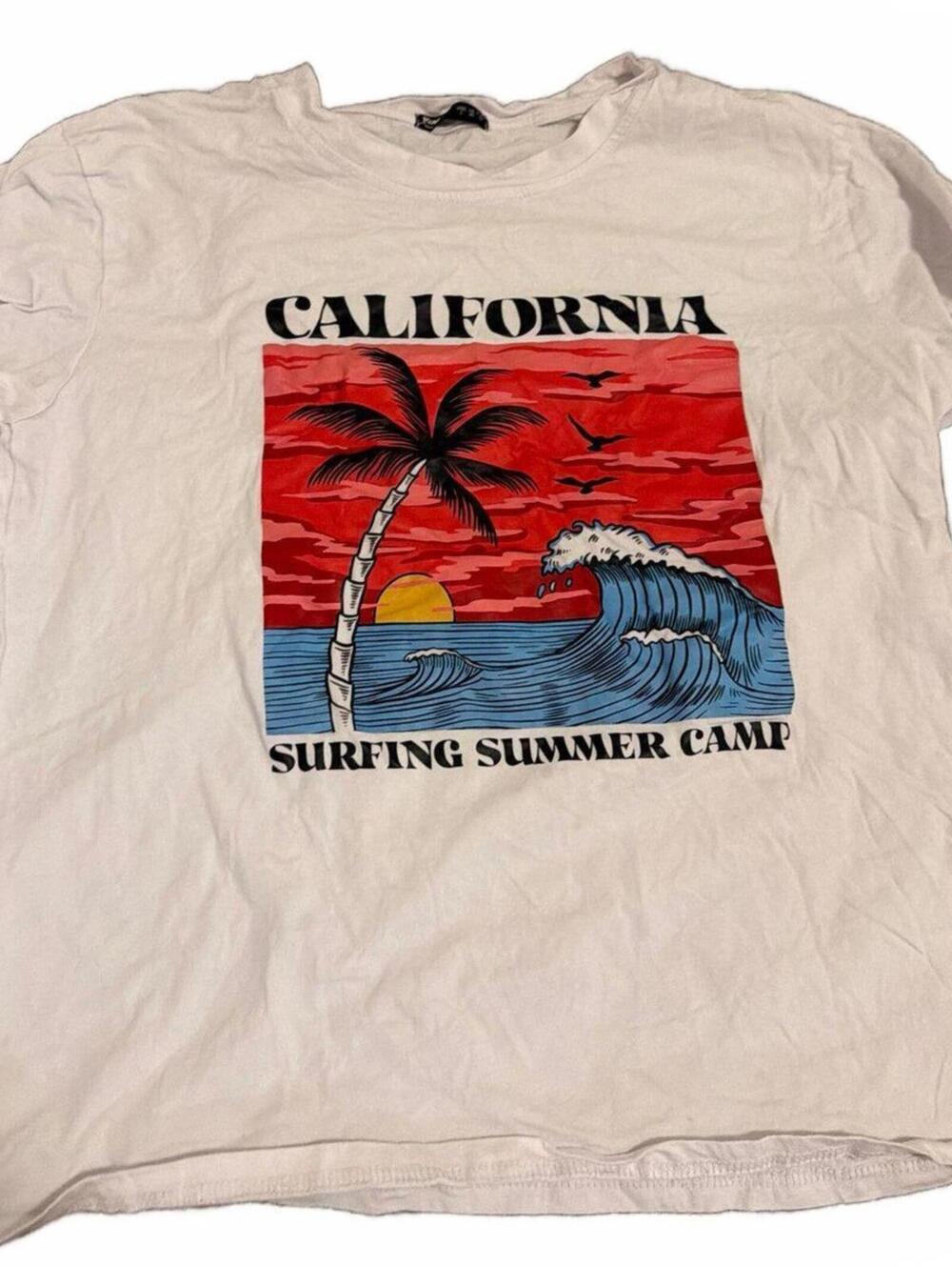 Romwe Mens T Shirt White Graphic Surfing Summer Camp Large